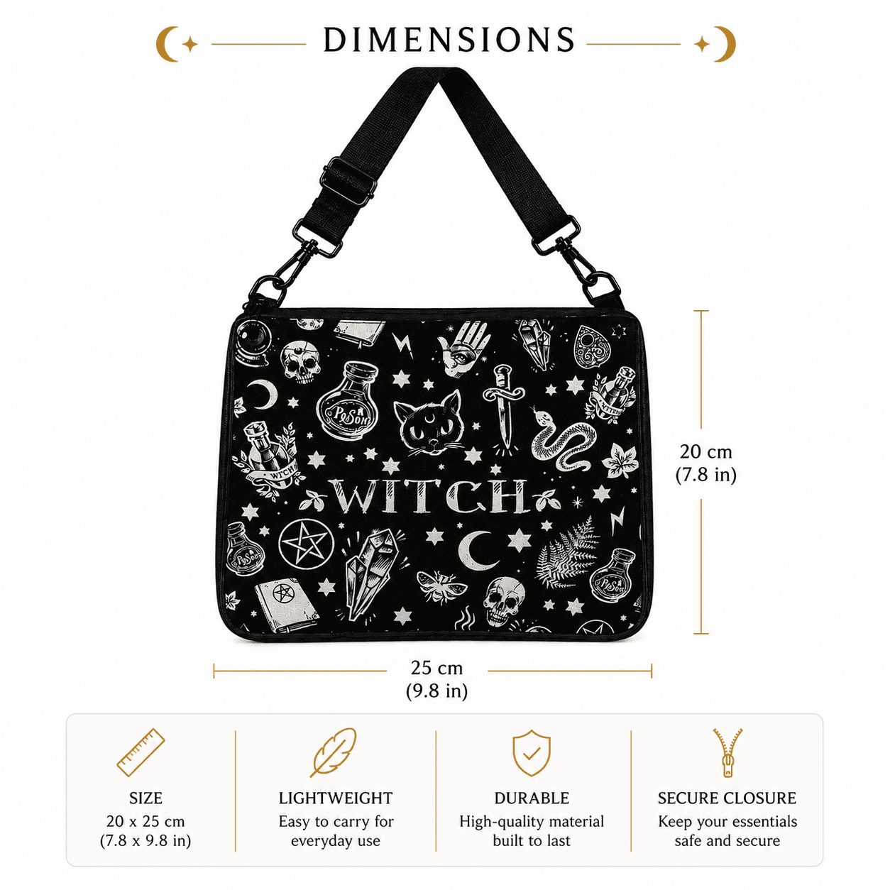 Witch's Grimoire Crossbody Bag featuring mystical symbols, lightweight design, and secure closure for everyday use