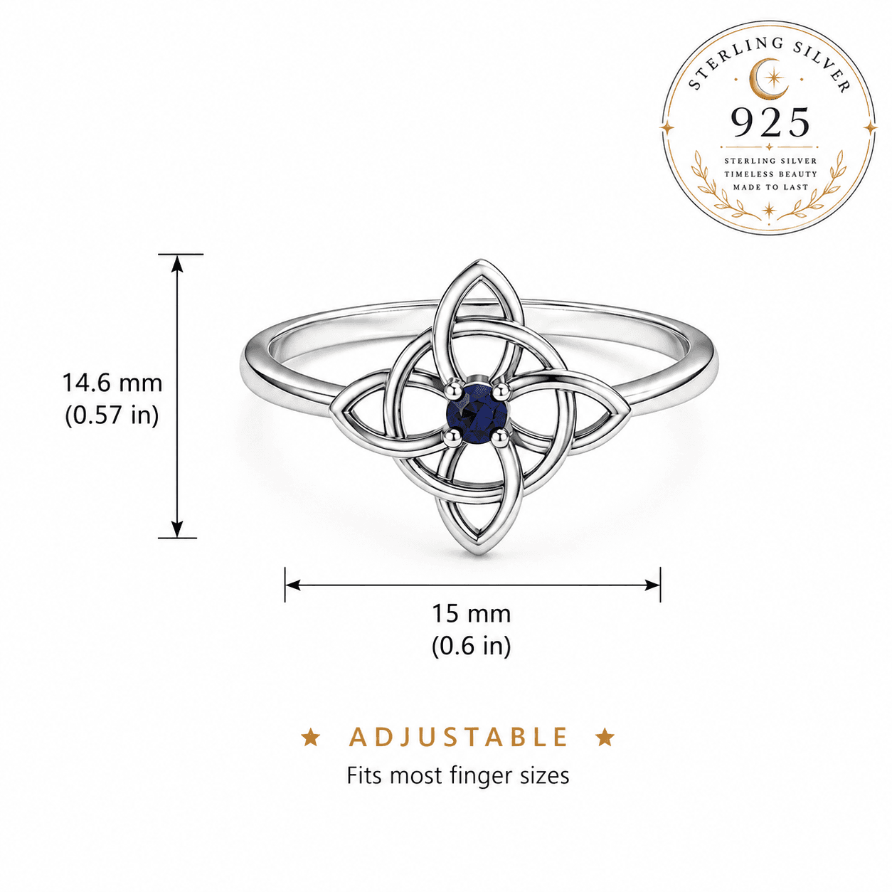 Sterling silver adjustable Witch knot ring featuring a blue gemstone design