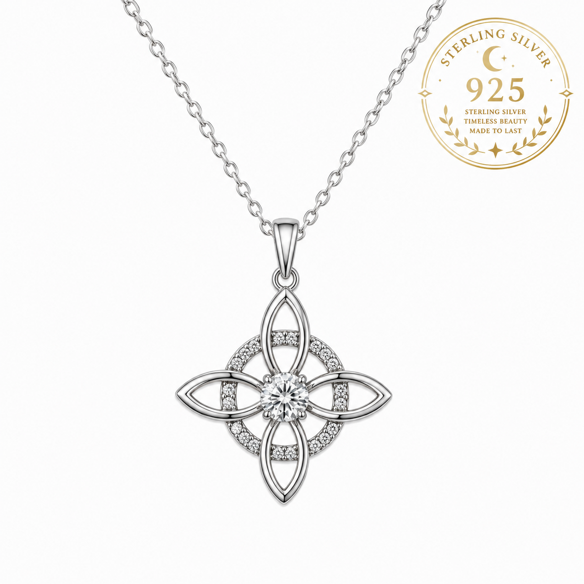Miss Valkyrie Witch Knot Necklace in sterling silver with intricate flower design for a mystical touch