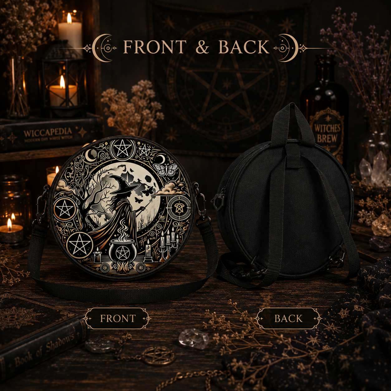 Miss Valkyrie Circle Bag featuring a wolf design with pentagrams, ideal for gothic fashion lovers