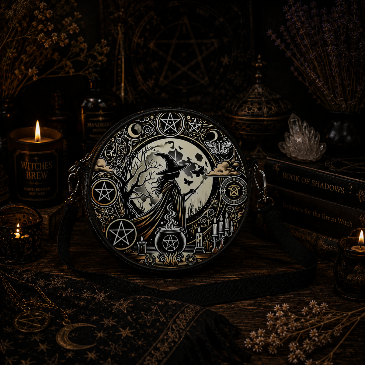 Miss Valkyrie Witch-Themed Crossbody Bag with Mystical Designs and Symbols