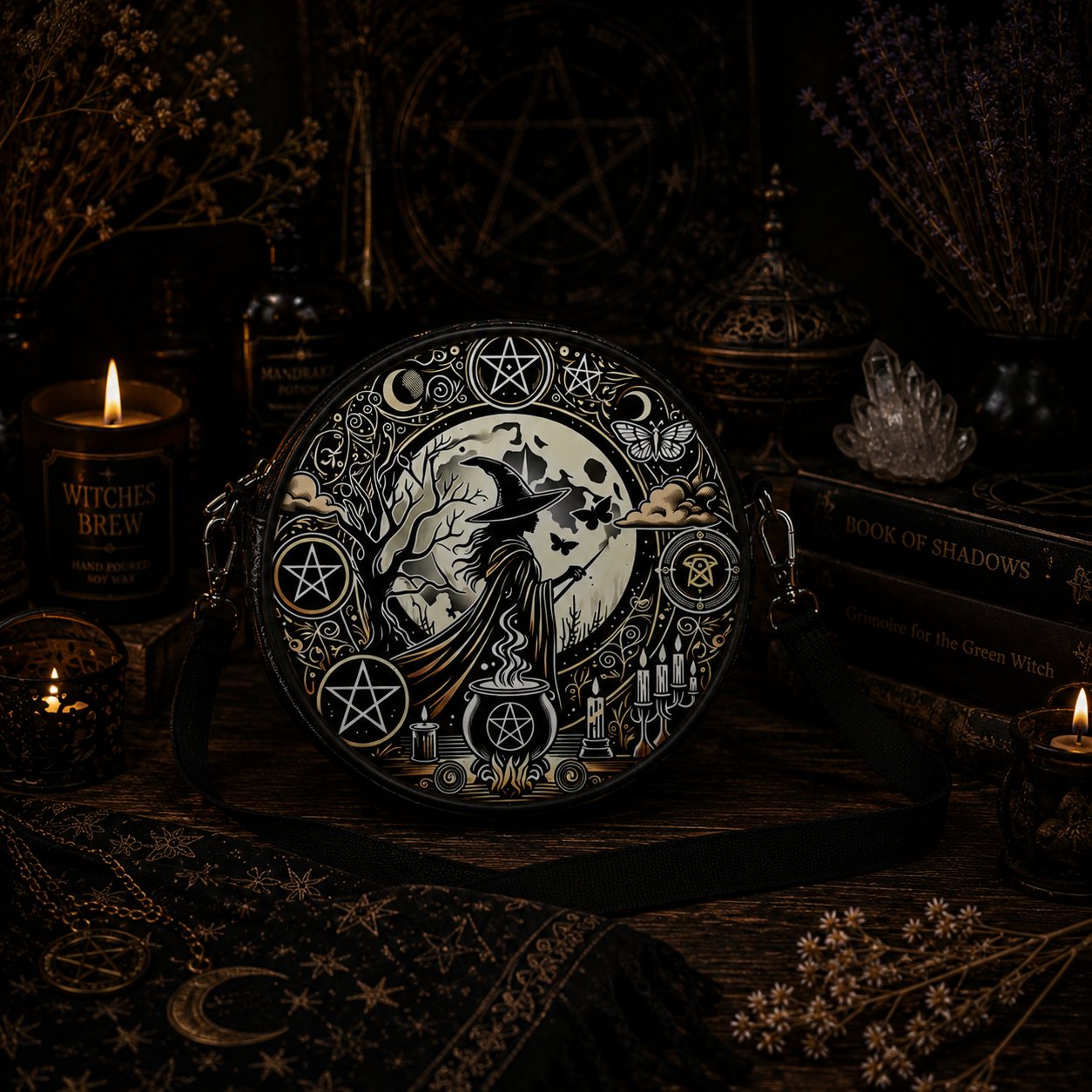 Miss Valkyrie Witch-Themed Crossbody Bag with Mystical Designs and Symbols