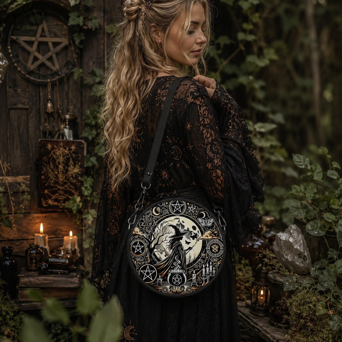 Miss Valkyrie Witchy Moon Bag with Pentagram Design, Perfect for Gothic and Bohemian Styles