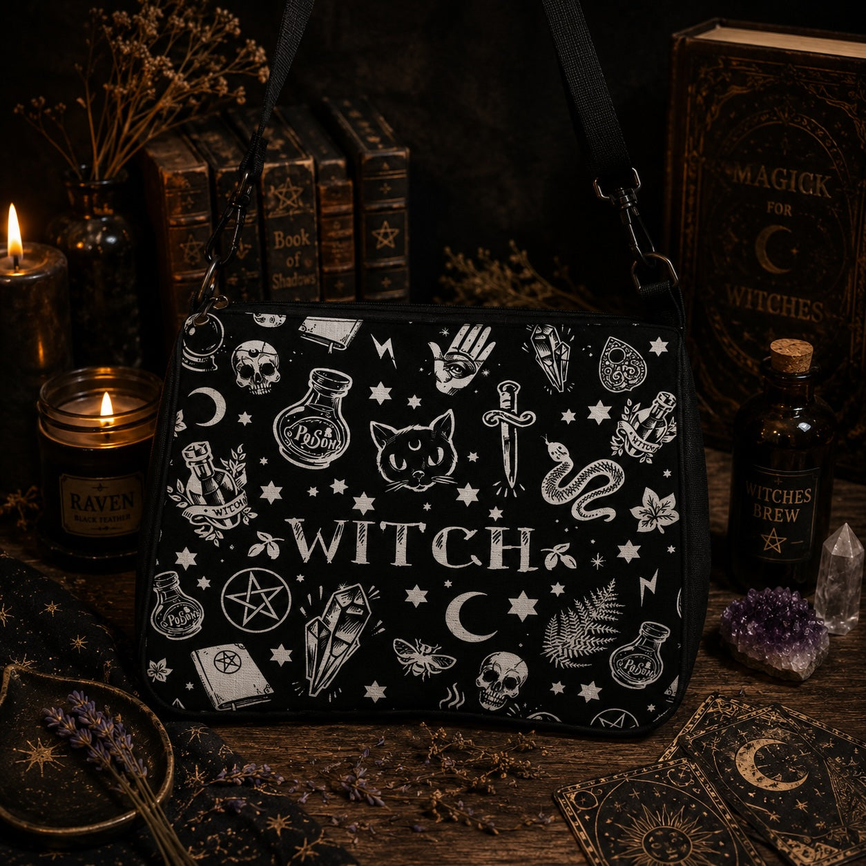 Witch's Grimoire Crossbody Bag featuring occult symbols and a stylish black design for witchy enthusiasts