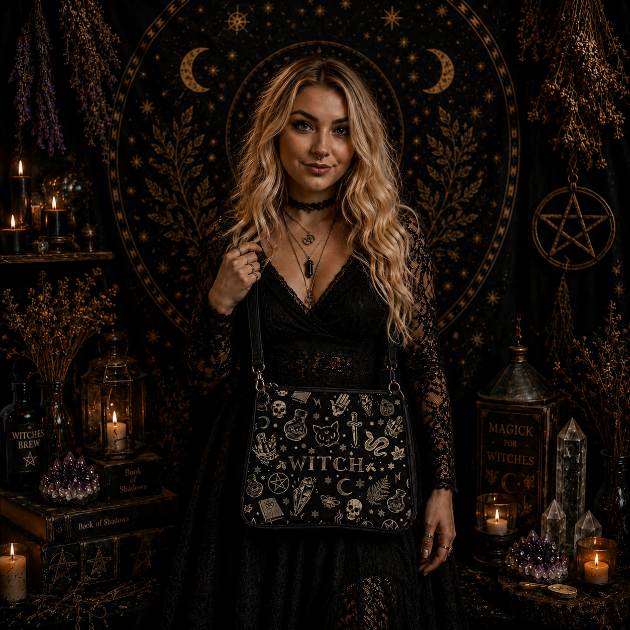 Witch's Grimoire Crossbody Bag featuring mystical designs, perfect for witchcraft enthusiasts