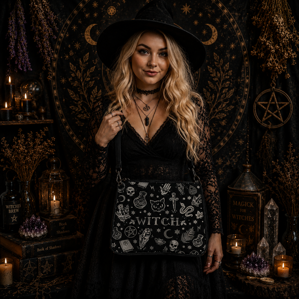 Miss Valkyrie Witch's Grimoire Crossbody Bag with mystical designs and adjustable strap